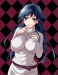  ahoge argyle argyle_background belt black_hair blush breasts finger_to_mouth highres large_breasts long_hair mole myg original red_eyes ribbed_sweater smile solo sweater 