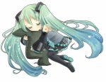  boots closed_eyes detached_sleeves eyes_closed green_hair hatsune_miku long_hair necktie pillow pillow_hug sana-m simple_background skirt sleeping solo thigh-highs thigh_boots thighhighs twintails very_long_hair vocaloid white_background 
