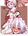  &gt;:) &gt;:d :d bat_wings blush closed_eyes crossed_arms drooling eyes_closed fangs femdom femsub hat highres izayoi_sakuya maid_headdress multiple_girls open_mouth purple_hair red_eyes remilia_scarlet sakura_hazuki short_hair silver_hair smile stepped_on touhou wings yuri 