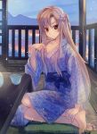  asuna_(sao) barefoot braid brown_eyes brown_hair cup feet frown japanese_clothes kimono long_hair naruse_chisato solo sword_art_online table toes 