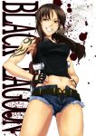  black_lagoon black_panties brown_eyes brown_hair cigarette cutoffs denim denim_shorts din47060702 din_(raiden) fingerless_gloves gloves grin gun hands_on_hips highres holster midriff navel panties revy short_shorts shorts smile solo tattoo unbuttoned underwear unzipped weapon 