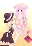  blonde_hair book brown_eyes capelet covering_mouth crescent dress hair_ribbon hat hat_ribbon kirisame_marisa kneeling long_hair long_sleeves looking_at_viewer mizuse_ruka multiple_girls open_clothes open_coat open_mouth patchouli_knowledge puffy_sleeves purple_eyes purple_hair ribbon shirt short_sleeves sitting skirt skirt_set smile striped striped_dress thigh-highs thighhighs touhou turning vest violet_eyes white_legwear wide_sleeves witch_hat 