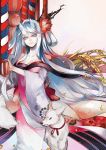  blue_eyes flower hair_flower hair_ornament highres horns japanese_clothes kimono original satsuyu_ito silver_hair wheat wolf 