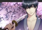  black_hair blue_eyes cherry_blossoms gintama japanese_clothes katana kimono over_shoulder shiroyasha solo sword sword_over_shoulder weapon weapon_over_shoulder 