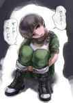  blue_eyes boots brown_hair bulletproof_vest choker cross-laced_footwear head_tilt knees_on_chest lace-up_boots rebecca_chambers resident_evil resident_evil_0 sgk short_hair short_sleeves solo tears translated 