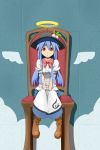  blue_hair boots bow chair dress food fruit halo hat highres hinanawi_tenshi long_hair peach red_eyes route1911 sitting solo touhou wings 