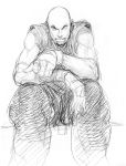  1boy bald capcom concept_art dougi eyebrows facial_hair goatee king_cobra_kai monochrome muscle official_art pointing pointing_at_viewer sitting sketch sleeveless solo street_fighter street_fighter_iv thick_eyebrows 