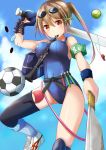  bag ball baseball_bat between_breasts brown_hair chips gloves goggles goggles_on_head instrument knife long_hair mouth_hold oboe ok-ray one-piece_swimsuit original paddle red_eyes school_swimsuit side_ponytail soccer_ball solo swimsuit table_tennis_paddle tennis_ball thigh-highs thighhighs whistle 
