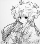  blush book bow bust clown_222 crescent graphite_(medium) hair_bow hat highres holding long_hair monochrome mukyuu patchouli_knowledge payot shikishi solo touhou traditional_media 