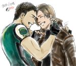  2boys bangs blonde_hair bomber_jacket brown_hair chris_redfield facial_hair fingerless_gloves forehead-to-forehead forehead_to_forehead gloves grin leon_s_kennedy multiple_boys muscle resident_evil resident_evil_4 resident_evil_5 resident_evil_6 smile stubble 