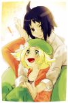  1boy 1girl bel_(pokemon) black_eyes black_hair blonde_hair cheren_(pokemon) couple green_eyes hat hk_(nt) hug open_mouth pokemon pokemon_(game) pokemon_bw2 ribbon sitting 