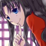 1girl blue_eyes brown_hair fate/stay_night fate_(series) finger_to_mouth leaning_forward long_hair m_(ataraxia_xxx) portrait smile solo sweater tohsaka_rin toosaka_rin two_side_up 