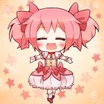  blush bubble_skirt chibi closed_eyes dress eyes_closed gloves hair_ornament hair_ribbon kaname_madoka magical_girl mahou_shoujo_madoka_magica noramimi open_mouth outstretched_arms pink_hair ribbon short_hair short_twintails smile solo spread_arms star twintails 