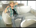  1boy belt blonde_hair couch earrings grey_eyes jeans jewelry open_clothes open_shirt original rand_(artist) reclining sitting solo 