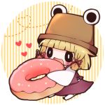  blush doughnut eating food hat japanese_clothes long_sleeves lowres moriya_suwako noramimi open_mouth ribbon short_hair smile solo touhou 