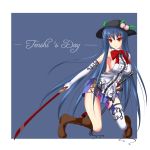  adapted_costume alternate_breast_size blue_hair boots breasts elbow_gloves gloves gmot hat highres hinanawi_tenshi long_hair no_panties red_eyes sideboob solo sword_of_hisou touhou very_long_hair 