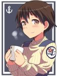  anchor blush brown_eyes brown_hair cup em holding looking_at_viewer miyafuji_yoshika short_hair smile solo strike_witches 