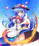  blue_hair bow breasts food fruit hat hinanawi_tenshi large_breasts long_hair open_mouth osashin_(osada) outstretched_arm peach pointing pointing_at_viewer red_eyes shirt skirt smile solo sword_of_hisou touhou upskirt very_long_hair 