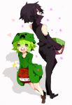  1boy 1girl 2girls bare_shoulders black_eyes black_hair boots creeper enderman flat_chest fuse grass green_hair heart high_collar hoodie minecraft multiple_girls personification purple_eyes rooseputo_02 shadow short_hair sleeveless sparkle tnt 