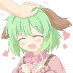  animal_ears blush closed_eyes collarbone dress eyes_closed fang green_hair hand_on_head heart kasodani_kyouko long_sleeves open_mouth petting pink_dress shino_megumi short_hair smile solo touhou 