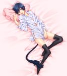  ao_no_exorcist black_legwear blue_eyes blue_hair moyuki okumura_rin on_bed pillow pointy_ears shirt tail thigh-highs thighhighs tongue tongue_out 