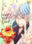  birthday confetti food fruit gintama hat ko-man parfait party_hat purple_eyes sakata_gintoki silver_hair solo spoon strawberry v violet_eyes wink 