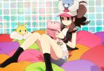  alternate_color baseball_cap bel_(pokemon) black_legwear blue_eyes brown_hair cheren_(pokemon) hat keychain long_hair n_(pokemon) nintendo_3ds noe_yuuhi pillow pokemon pokemon_(game) pokemon_bw pokemon_bw2 shiny_pokemon smile socks swablu touko_(pokemon) 