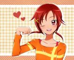  hair_ornament hairclip hino_akane kagami_chihiro orange_(color) orange_background precure red_eyes red_hair redhead shirt short_hair short_twintails smile smile_precure! solo twintails wink 