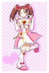  blush brown_eyes brown_hair cosplay earrings futari_wa_precure futari_wa_precure_max_heart hair_ribbon heart jewelry minna-dietlinde_wilcke precure ribbon seiyuu_connection shiny_luminous shiny_luminous_(cosplay) solo strike_witches tanaka_rie twintails wink 