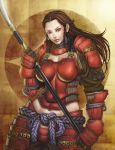  absurdres armor asa_no_ha_(pattern) braid brown_hair copyright_request highres impossible_clothes lips long_hair looking_at_viewer navel polearm pontako solo twin_braids weapon 