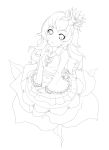  dress flower from_above gothic_lolita hair_flower hair_ornament highres iorlvm lineart lolita_fashion long_hair monochrome original rose simple_background sitting solo white_background 