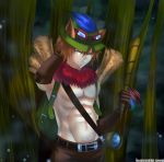  1boy animal_ears backpack bag belt blowgun brown_hair closed_eyes elbow_gloves eyes_closed gloves goggles goggles_on_head grin hat league_of_legends male map midriff muscle navel personification rokugatsu_no_usagi short_hair smile solo spyglass strap teemo watermark 