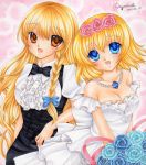  2girls :d alice_margatroid bare_shoulders blonde_hair blue_eyes blue_rose bowtie braid bride dated dress flower formal frills hair_flower hair_ornament kirisame_marisa marker_(medium) mocomoco_party multiple_girls no_hat no_headwear open_mouth orange_eyes pearl pink_rose rose side_braid signature smile touhou traditional_media wedding_dress 