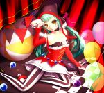  arkcide bad_id ball balloon cat_food_(vocaloid) checkered checkered_floor choker green_hair hatsune_miku highres looking_at_viewer pantyhose project_diva project_diva_f sitting solo twintails vertical-striped_legwear vertical_stripes vocaloid yellow_eyes 