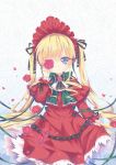  absurdres blonde_hair blue_eyes blush bonnet covering_one_eye doll doll_joints dress drill_hair floral_background flower highres light_smile north_abyssor petals ribbon rose rozen_maiden shinku solo twintails 