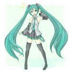  detached_sleeves green_eyes green_hair hatsune_miku karamoneeze long_hair looking_at_viewer necktie open_mouth skirt smile solo thigh-highs thighhighs twintails very_long_hair vocaloid 