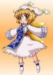  blonde_hair blush chibi dress fang fox_tail hat hat_with_ears highres long_sleeves looking_at_viewer multiple_tails open_mouth outstretched_arms short_hair solo tabard tachikawa tail touhou white_dress wide_sleeves yakumo_ran yellow_eyes 