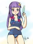  blush bow breasts cleavage crescent greyface hair_bow hair_ornament hime_cut long_hair one-piece_swimsuit patchouli_knowledge payot popsicle purple_eyes purple_hair school_swimsuit sketch solo swimsuit touhou violet_eyes 