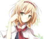  alice_margatroid blonde_hair blue_dress blush bust capelet dress green_eyes hairband hand_in_hair hasuga_sea looking_at_viewer short_hair smile solo touhou 