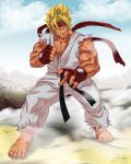  1boy barefoot big_hair blonde_hair darkeyez07 dougi dragon_ball dragon_ball_z dragonball_z fighting_stance fingerless_gloves fusion gloves headband muscle parody ryuu_(street_fighter) signature sleeveless son_gokuu spiked_hair spiky_hair street_fighter super_saiyan tan 