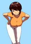  bent_over blue_background breasts brown_eyes brown_hair donson female hands_on_hips highres huge_breasts looking_at_viewer original pants shirt short_hair simple_background smile solo standing wink 