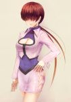  breasts cleavage cleavage_cutout earrings hair_over_eyes hand_on_hip heart jacket jewelry kenshin king_of_fighters large_breasts lipstick long_hair miniskirt nail_polish navel ponytail red_hair redhead see-through shermie skirt smile snk solo 
