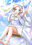  :d angel anklet bangle barefoot bird blonde_hair blue_eyes blush bracelet dress feathers feet hair_ornament halo highres jewelry large_wings open_mouth original out_arm outstretched_arm shitou short_hair sitting smile soles solo swing toes white_wings wings 