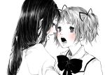  akemi_homura blush chakoro kaname_madoka long_hair mahou_shoujo_madoka_magica monochrome multiple_girls ribbon school_uniform short_twintails spot_color twintails 