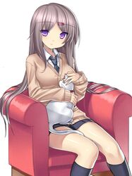  armchair cardigan cat hair_ornament hairclip long_hair original purple_eyes silver_hair simple_background sitting smile solo tsukumiya_amane violet_eyes white_background 