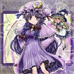  &gt;:) &gt;:d :&lt; :d annoyed bangs blonde_hair blunt_bangs blush bow bowtie brooch capelet cloak dress frame full_body hair_bow hair_ribbon hands_on_hips jewelry kirisame_marisa multiple_girls nanashii_(soregasisan) open_mouth patchouli_knowledge purple_eyes purple_hair ribbon smile striped striped_dress touhou tress_ribbon vertical_stripes violet_eyes 