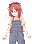  alternate_costume bespectacled blush bow casual fang glasses hair_bow long_hair mahou_shoujo_madoka_magica open_mouth overalls red_eyes red_hair redhead sakura_kyouko solo sweat tatsuno_ryou wide_ponytail 