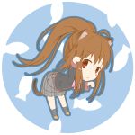  1girl :&lt; animal_ears bent_over black_legwear blush_stickers brown_hair cat_ears cat_tail chibi fish little_busters!! natsume_rin paw_pose plaid ponytail red_eyes skirt solo tail 