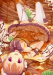  :d brown_hair cherry dress food food_as_clothes fred04142 fruit ice_cream looking_at_viewer lying on_back open_mouth original pancake pantyhose red_eyes smile solo syrup twintails waffle white_legwear 
