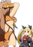  ass blazblue blonde_hair blush breasts brown_hair crossover fang fingerless_gloves gloves hair_ribbon hand_behind_head highres lolita_fashion long_hair mahou_shoujo_madoka_magica makoto_nanaya mami_mogu_mogu miniskirt mirano multiple_girls open_mouth panties parody rachel_alucard red_eyes ribbon short_hair skirt spoilers squirrel_tail tail thighhighs tomoe_mami twintails under_boob underboob underwear white_background 